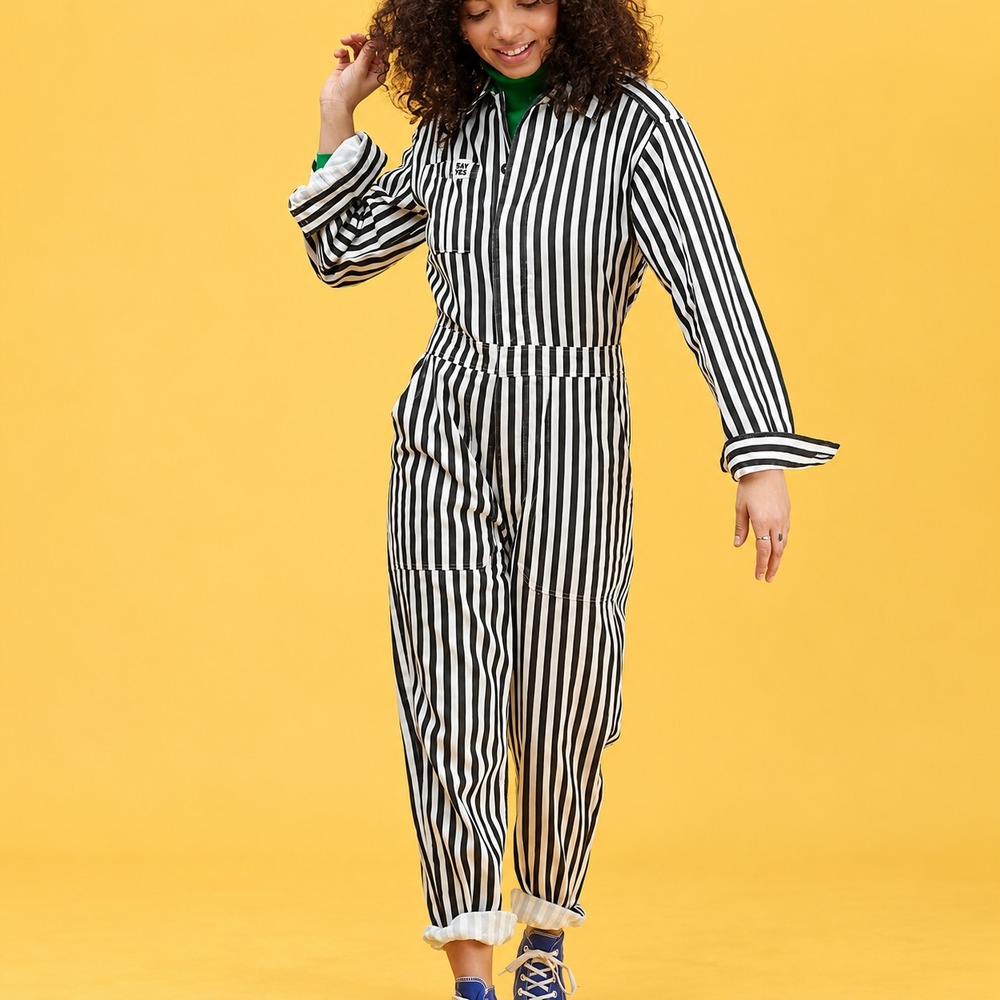 Lucy & Yak Jumpsuit Boiler Suit Black White Stripe Cotton Twill Long Sleeve Sz M